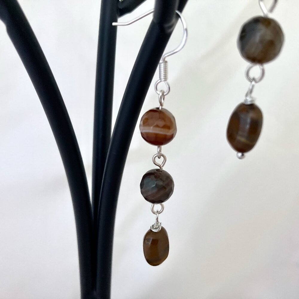 Handmade Earrings Tiger's eye, Upcycled Beads & Sterling Silver Dangle Earrings